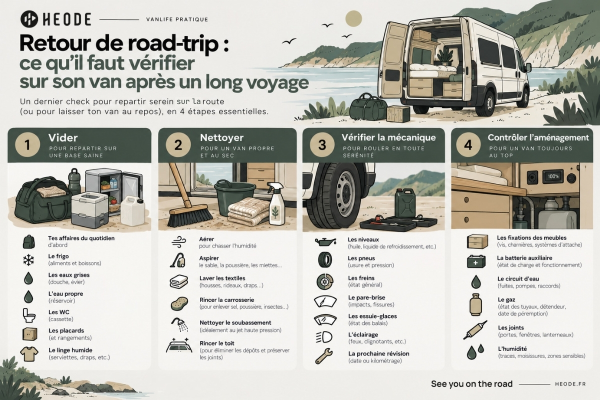 Checklist de l'ensemble des éléments à vérifier en rentrant de vacances en van